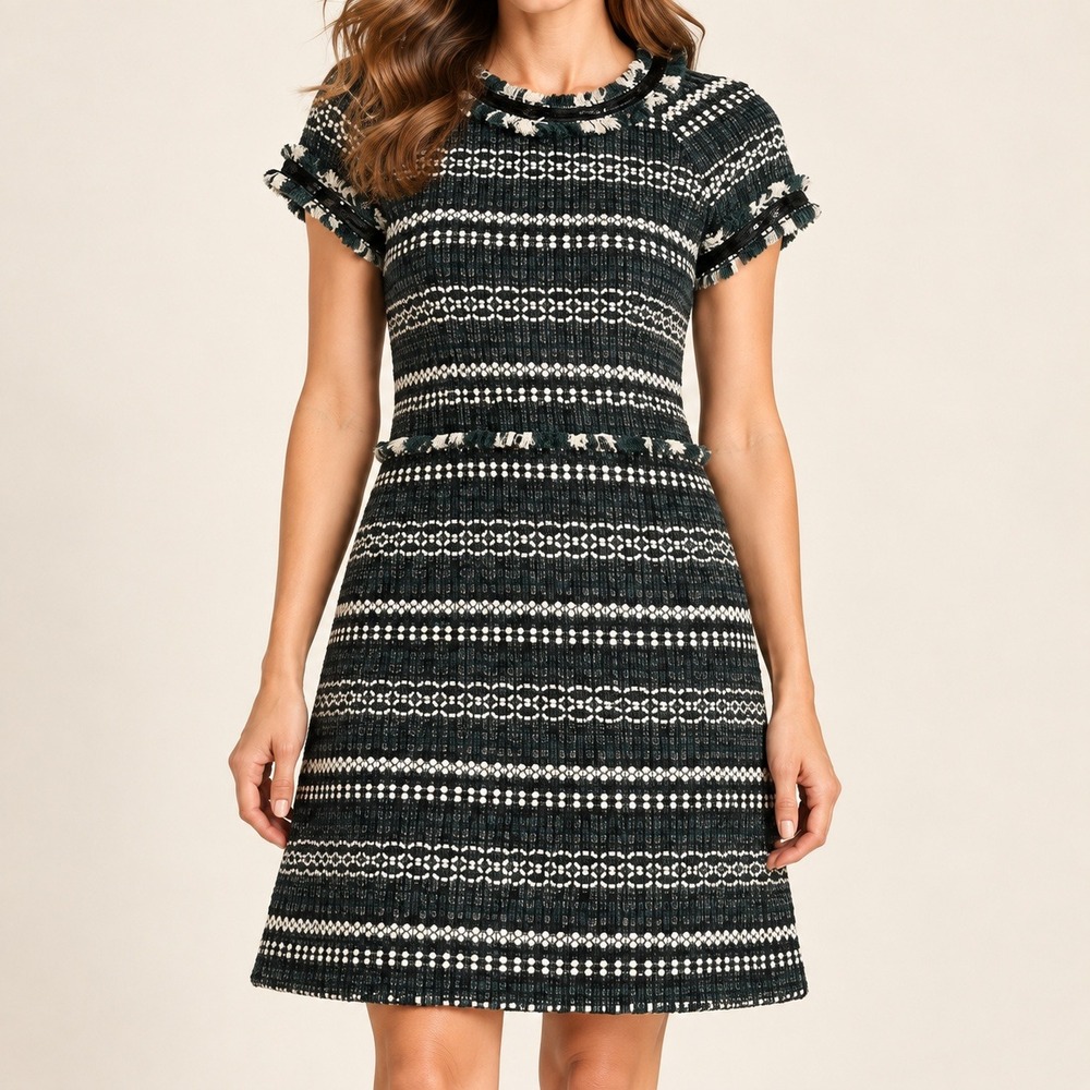 Tory Burch Tweed Dress Wool Blend Womens 12 Green White Fringe Sequin 32212